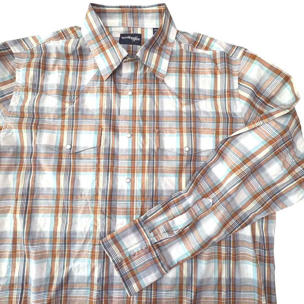 Wrangler Mens XL Plaid Western Pearl Snap Long Sleeve Shirt Brown Blue White